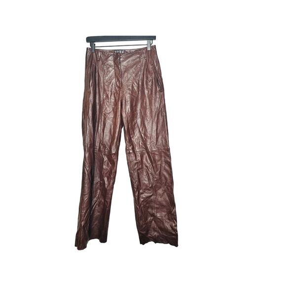 VEDA Brown Leather Trousers Zip Up Fly Button Closure Wide Leg Pants Size 4 - Picture 9 of 16